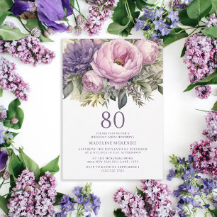 Convite Elegante Rosa Roxo Floral 80º Aniversário