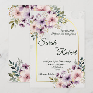 Convite Elegante Rosa Roxo Floral Casamento Salve A Data