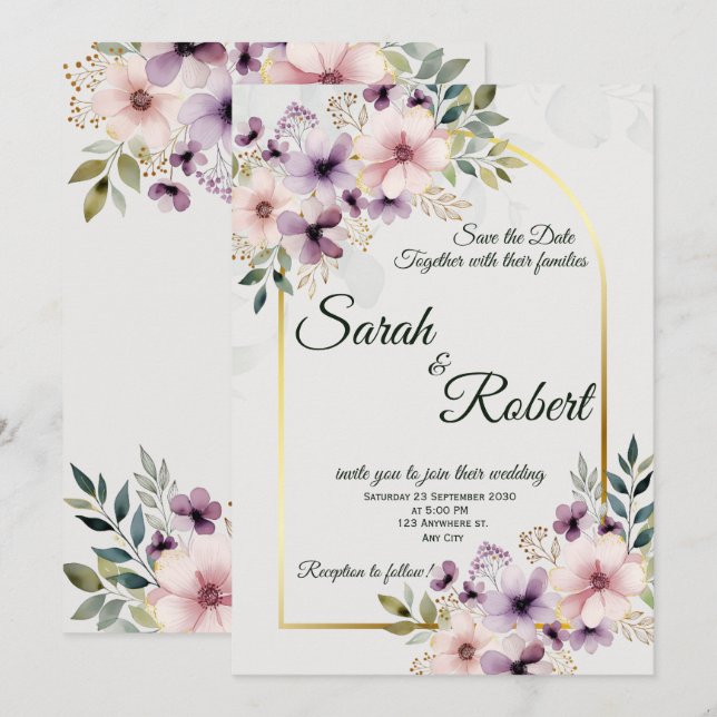 Convite Elegante Rosa Roxo Floral Casamento Salve A Data (Frente/Verso)
