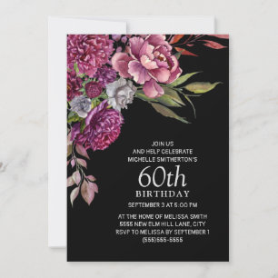 Convite Elegante Rosa Roxo Floral Preto Aniversário de 60