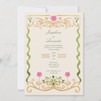 Convite Elegante Rosa Verde e Dourado Aquarela Desenhada à