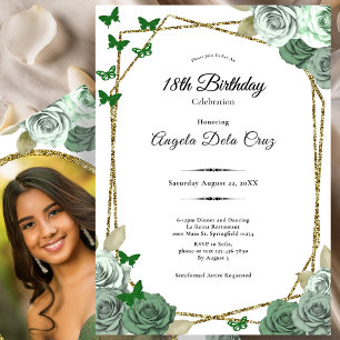 Convite Elegante Rosa Verde Sálvia Dourada Debut de 18 Ano