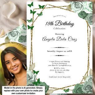 Convite Elegante Rosa Verde Sálvia Dourada Debut de 18 Ano