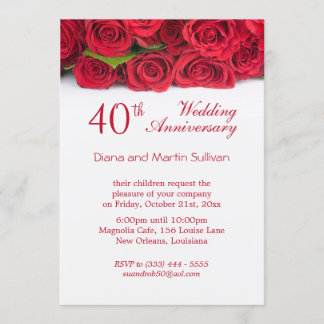 Convite Elegante rosa vermelha 40º Aniversário de Casament