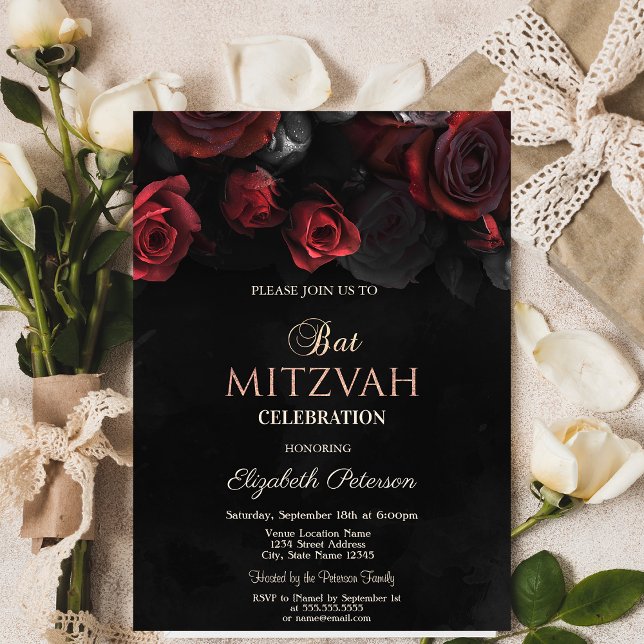 Convite Elegante Rosa vermelha Gótica Bat Mitzvah (Criador carregado)