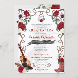 Convite Elegante Rosa vermelha Rustic Mariachi Charro Quin