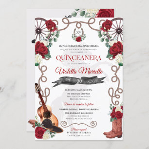 Convite Elegante Rosa vermelha Rustic Mariachi Charro Quin