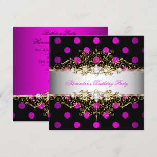 Convite Elegante Rosa Vibrante Dourado Branco Preto Bolinh