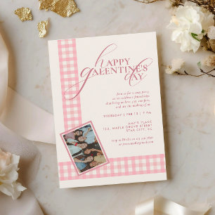 Convite Elegante Rosa Xadrez Tipografia Dia das Galentinas
