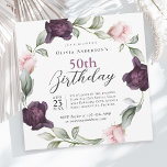 Convite Elegante Rosas de Aquarela Floral 50º Aniversário<br><div class="desc">Um convite de aniversário macio e luxuoso do 50º, em que o ponto focal é uma coroa de delicadas rosas de aquarelas pintadas em pincéis de pincel macio e roxas ricas de ameixa entrelaçadas com espinhas sabiosas. Esses elementos florais enquadram seu texto com um toque romântico e elegante. Usando uma...</div>