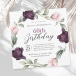 Convite Elegante Rosas de Aquarela Floral 60º Aniversário<br><div class="desc">Um 60º convite de aniversário suave e luxuoso onde o ponto focal é uma coroa de delicados rosas de aquarela pintados em pincéis de pincel macio e roxas ricas de ameixa entrelaçadas com pintas de verde-pavor. Esses elementos florais enquadram seu texto com um toque romântico e elegante. Usando uma mistura...</div>