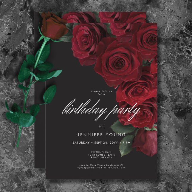 Convite Elegante Rosas de sangue sangrento Aniversário Flo (Elegant Moody Blood Roses Floral Birthday Invitation)