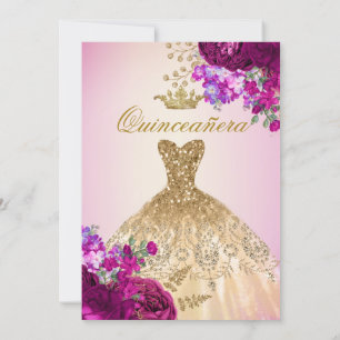 Convite Elegante Rosas Dourados da Borgonha Quinceanera