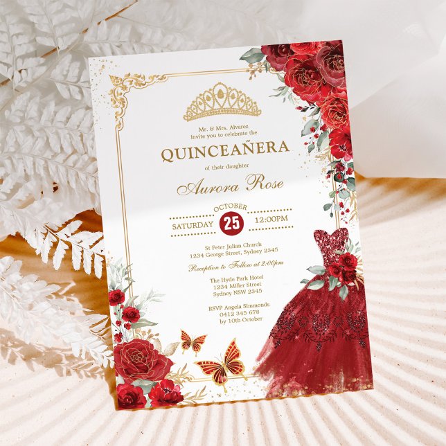 Convite Elegante Rosas Dourados Quinceañera Princess (Criador carregado)
