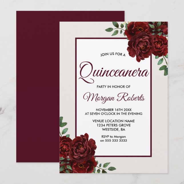 Convite Elegante Rosas Românticos da Borgonha Quinceanera (Frente/Verso)