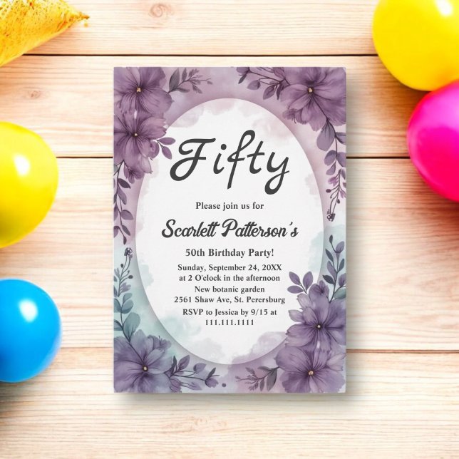 Convite Elegante Rosas roxas românticas Floral 50º Anivers (Criador carregado)