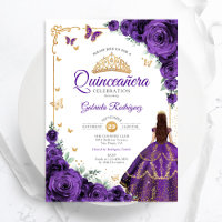 Elegante Rosas Roxos Dourados Quinceanera
