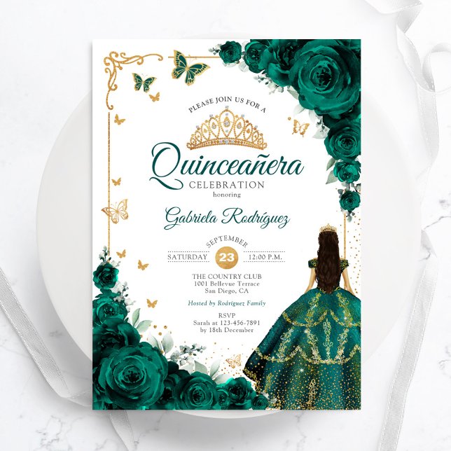 Convite Elegante Rosas Verdes Emerald Dourados Quinceanera (Criador carregado)