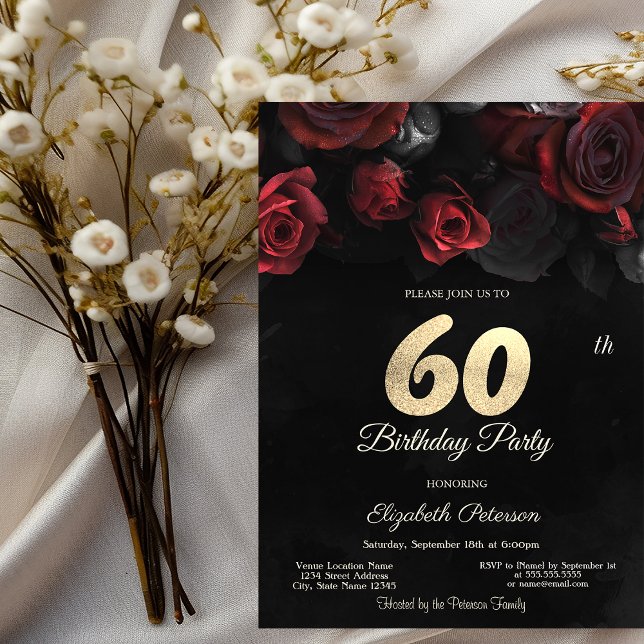 Convite Elegante Rosas vermelhas Gótica 60º aniversário (Criador carregado)