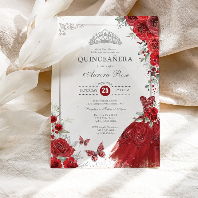 Convite Elegante Rosas vermelhas Silver Quinceañera Prince (Criador carregado)