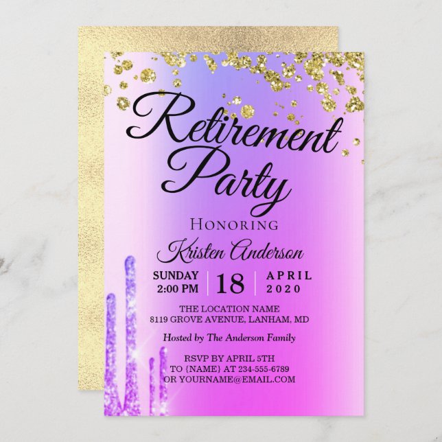 Convite Elegante Rosy Sparkly Glitter Retirement Party Inv (Frente/Verso)