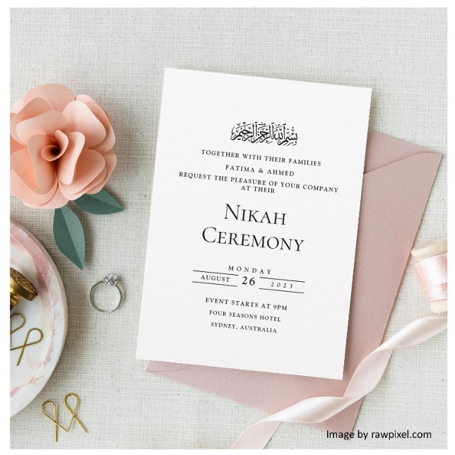 Convite Elegante Roteiro Branco Cerimônia de Nikah Muçulma (Criador carregado)