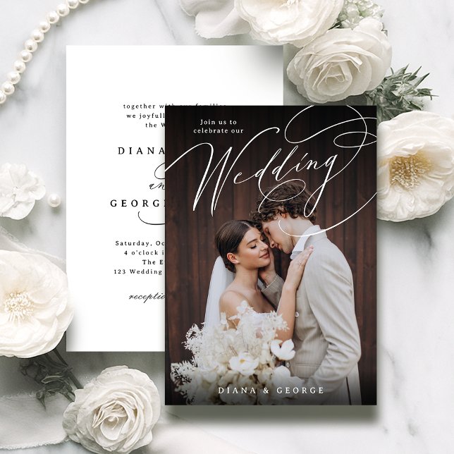 Convite Elegante roteiro de redemoinho Casamento de Foto S (Elegant swirl script Simple Photo Wedding Invitation)