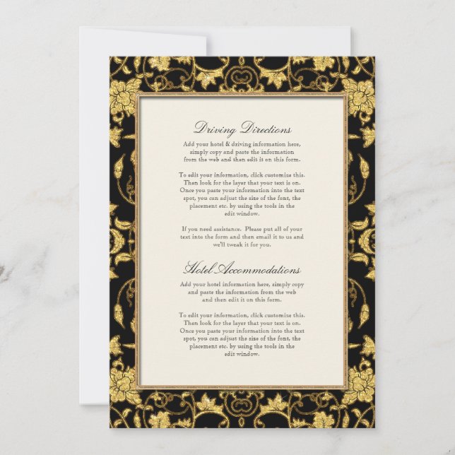 Convite Elegante Roteiro Preto Dourado Glitter Damask Casa (Frente)
