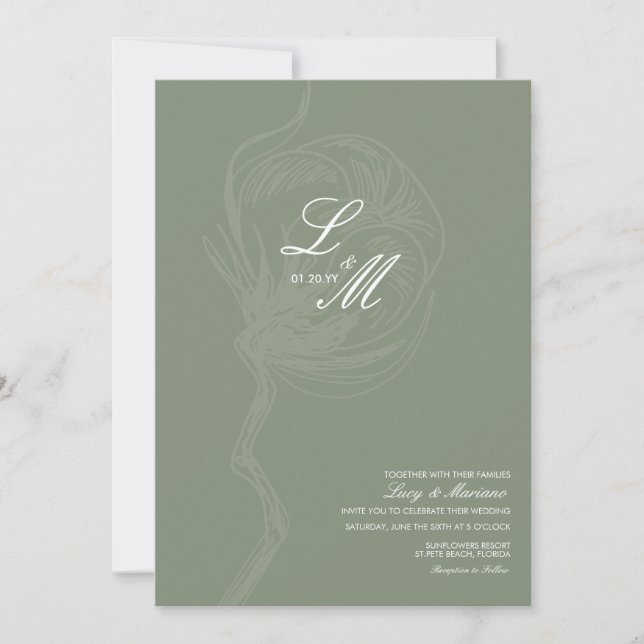 Convite Elegante Rótulo de Algodão com Flor Monogramada Ca (Frente)