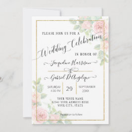 Convite Elegante Rótulo Dourado Aquarela Rosa Floral Casam