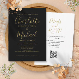 Convite Elegante Rótulo Preto e Dourado Código QR Casament