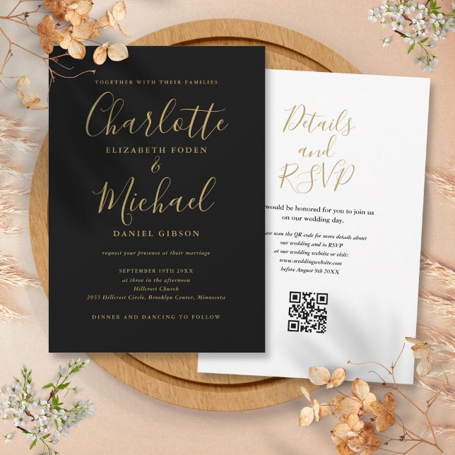 Convite Elegante Rótulo Preto e Dourado Código QR Casament (Elegant Script Black And Gold QR Code Wedding Invitation)