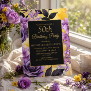 Convite Elegante Roxo Amarelo Floral 50º Aniversário