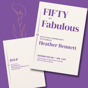 Convite Elegante Roxo Creme Cinquenta Aniversário Fabuloso