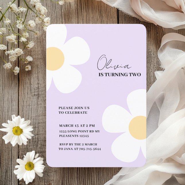 Convite Elegante Roxo Daisy Primavera Birthday (Criador carregado)