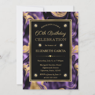 Convite Elegante Roxo Derretido Dourado e Brilho 60º Anive