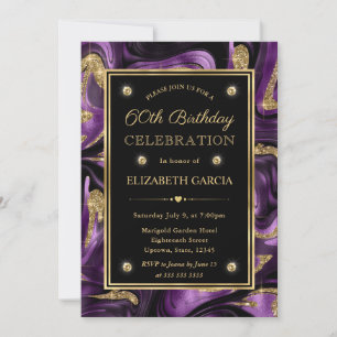 Convite Elegante Roxo Derretido Dourado e Brilho no 60º An