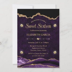 Convite Elegante Roxo & Dourado Agate com Brilho Sweet Six