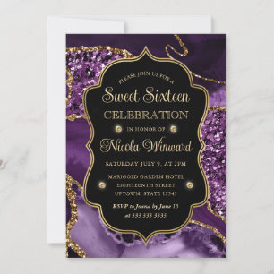 Convite Elegante Roxo & Dourado Brilho Ágata Sweet Sixteen