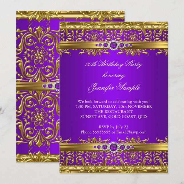 Convite Elegante Roxo Dourado Damasco Diamante Aniversário (Frente/Verso)