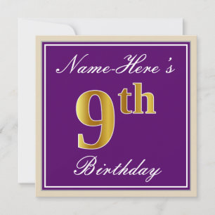 Convite Elegante, Roxo, Dourado Falso Aniversário de 9 Ano