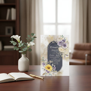 Convite Elegante Roxo Dourado Floral Aquarela Retir