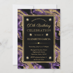 Convite Elegante Roxo & Dourado Glitter Agate Aniversário 