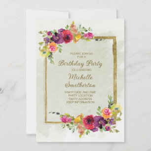 Convite Elegante Roxo Dourado Vintage Floral Aniversário
