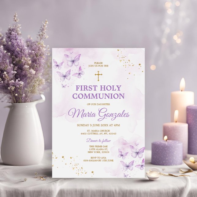 Convite Elegante Roxo e Dourada Primeira Comunhão Sagrada (Criador carregado)