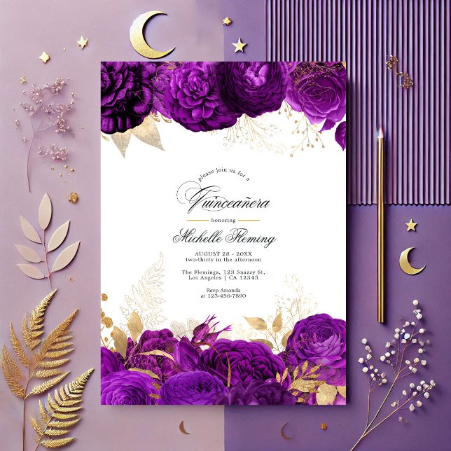 Convite Elegante Roxo e Dourada Quinceañera (Elegant Purple and Gold Floral Quinceañera Invitation)
