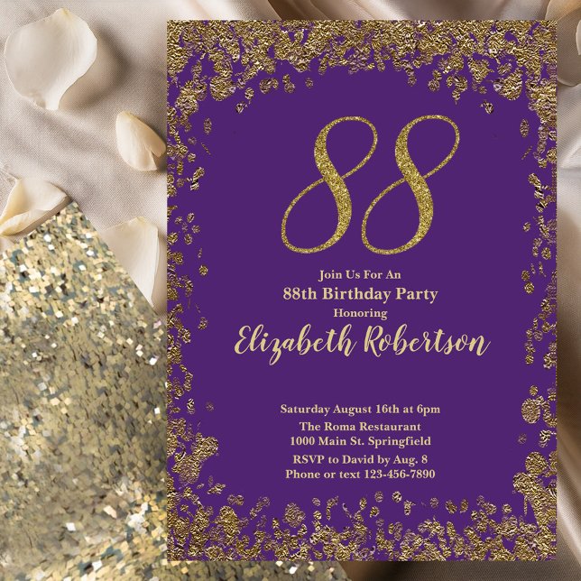 Convite Elegante Roxo e Dourado 88º Aniversário (Criador carregado)