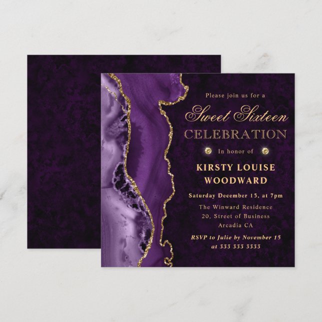 Convite Elegante Roxo e Dourado Agate Glitter Sweet Sixtee (Frente/Verso)