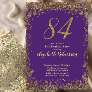 Convite Elegante Roxo e Dourado Aniversário de 84 anos