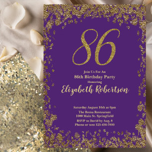 Convite Elegante Roxo e Dourado Aniversário de 86 anos